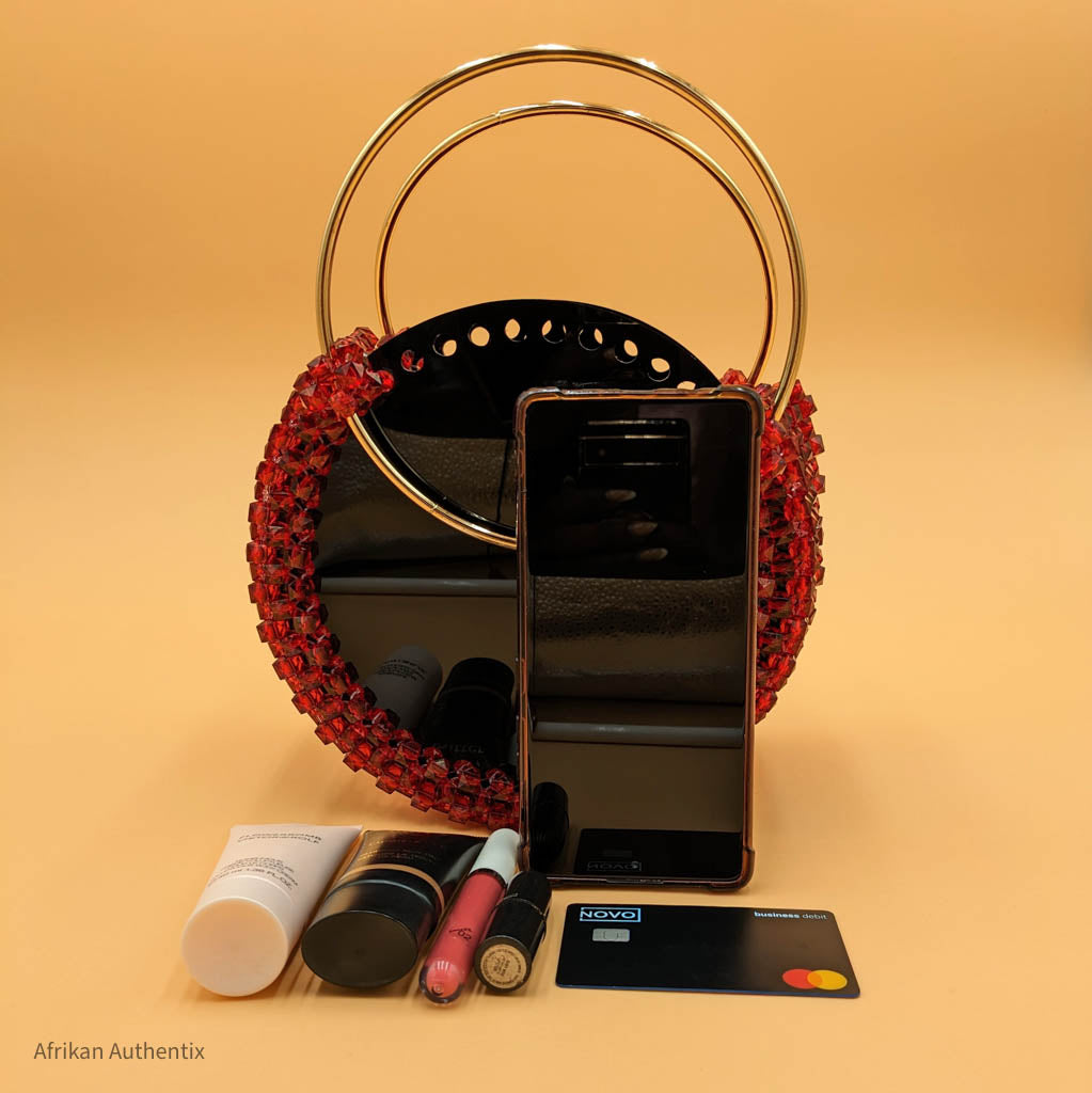 Black and Red Beaded Bag with Gold Handle| Nia