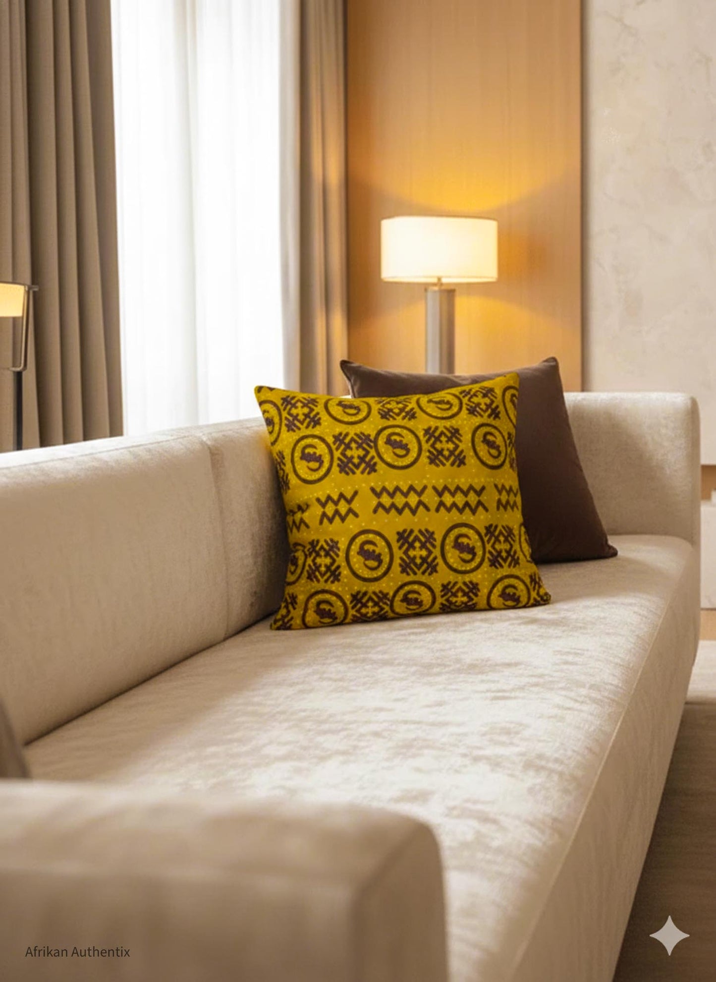 Handmade yellow African print pillow cover with Adinkra symbols