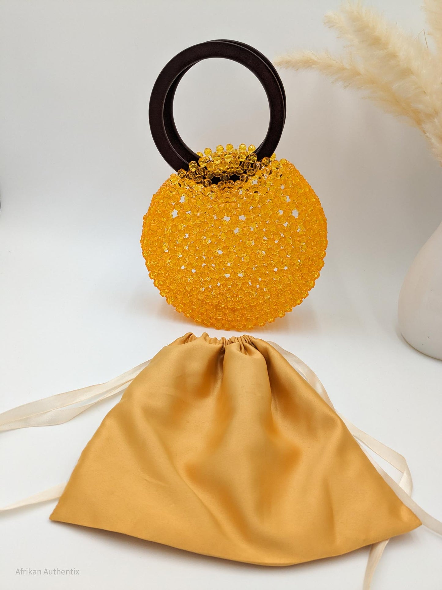Yellow Beaded Bag with wooden handle | Alfayed