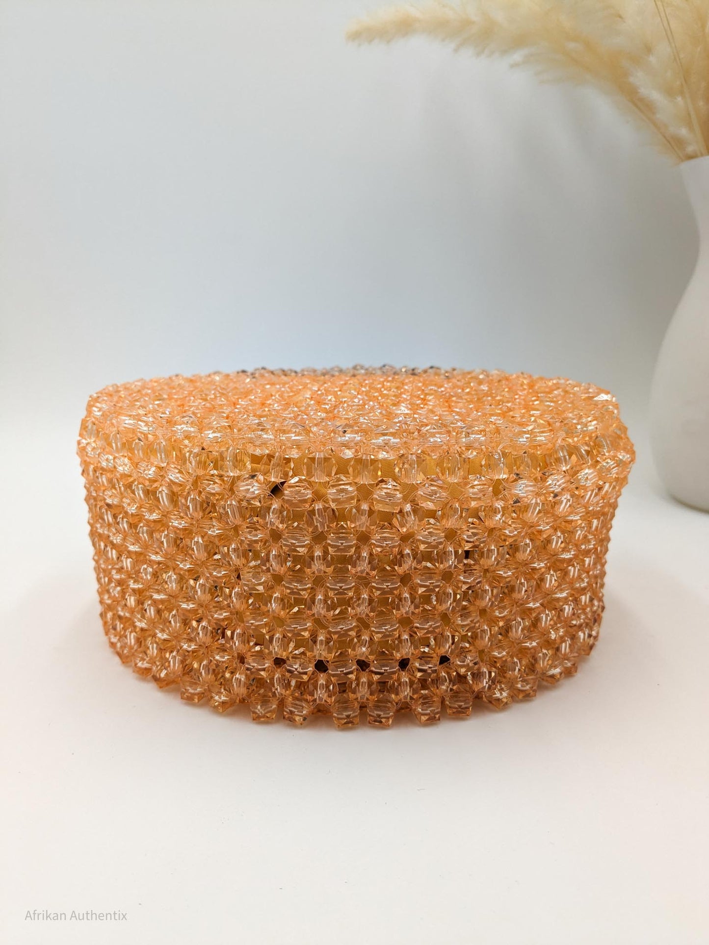 Peach beaded bag with wooden handle | alfayed