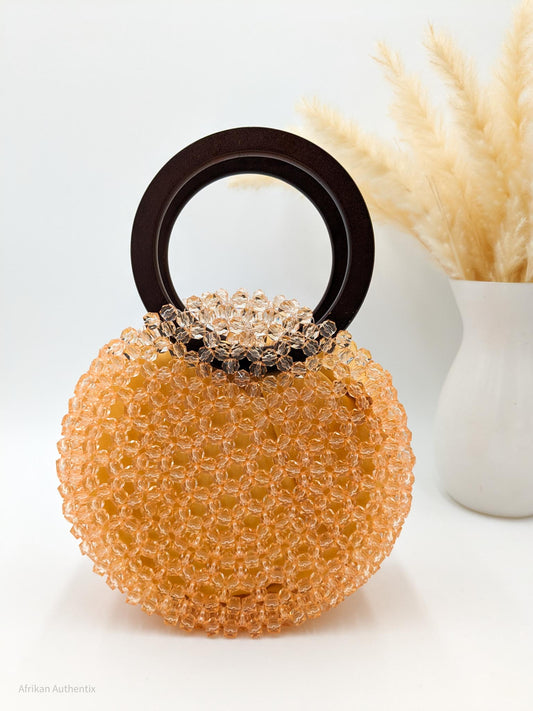 Peach beaded bag with wooden handle | alfayed