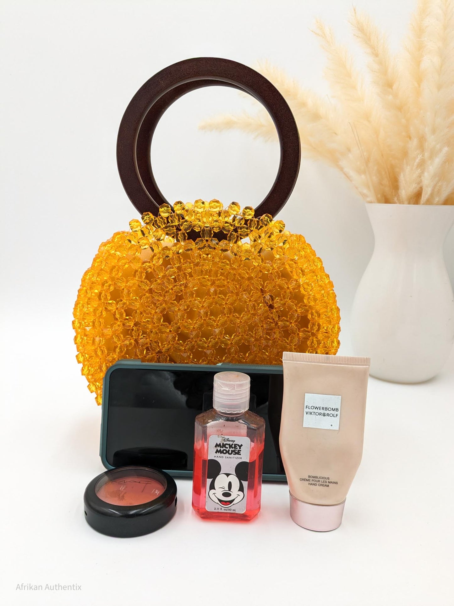 Yellow Beaded Bag with wooden handle | Alfayed