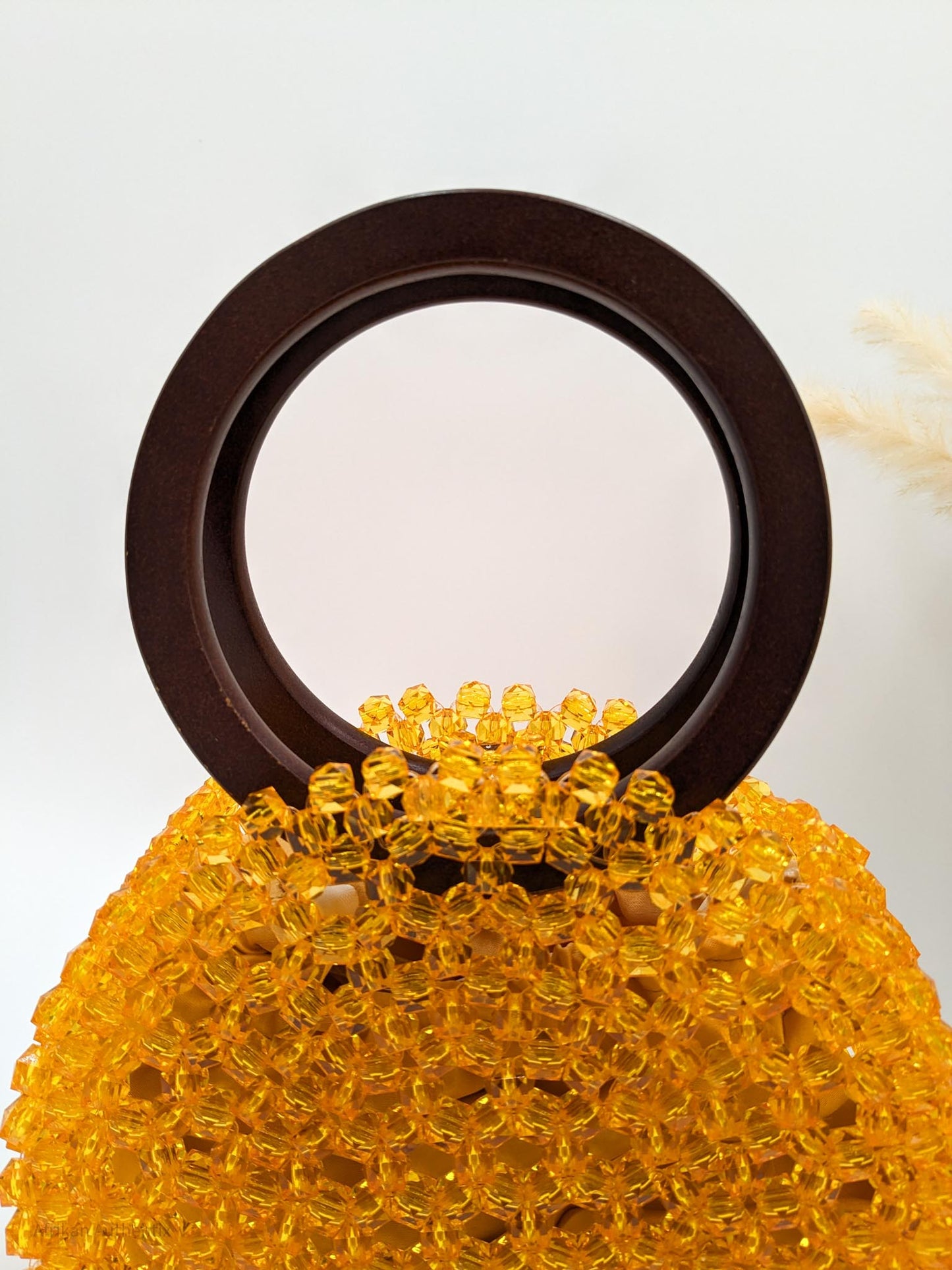 Yellow Beaded Bag with wooden handle | Alfayed