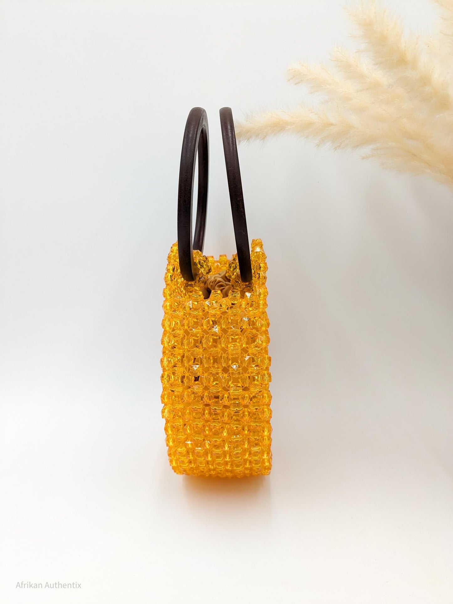 Yellow Beaded Bag with wooden handle | Alfayed
