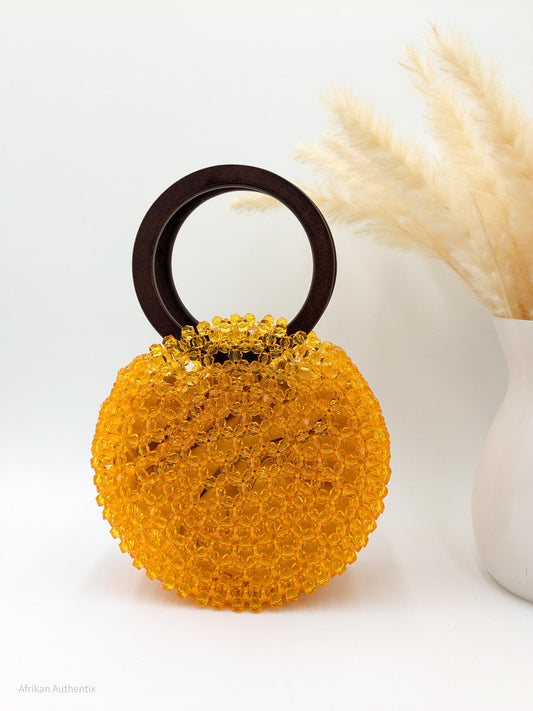 Yellow Beaded Bag with wooden handle | Alfayed