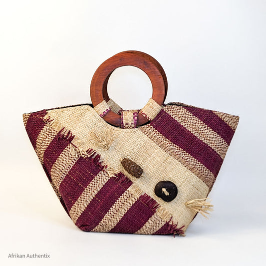 Handwoven African straw handbag with maroon and beige stripes and wooden round handles