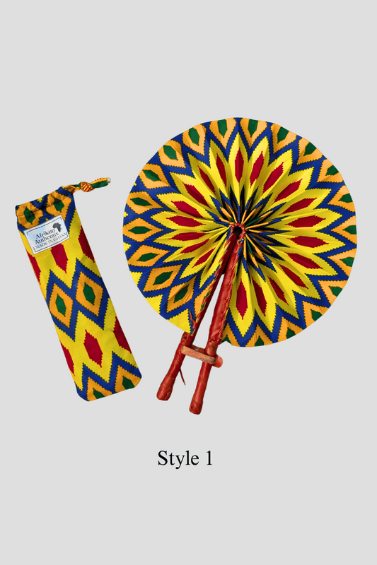 Colorful African hand fan with geometric pattern and matching sleeve, Style 1