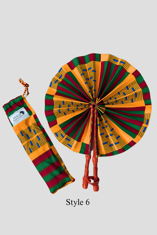 Handheld African fan and matching pouch with vibrant orange, green, red, and blue Kente cloth patterns