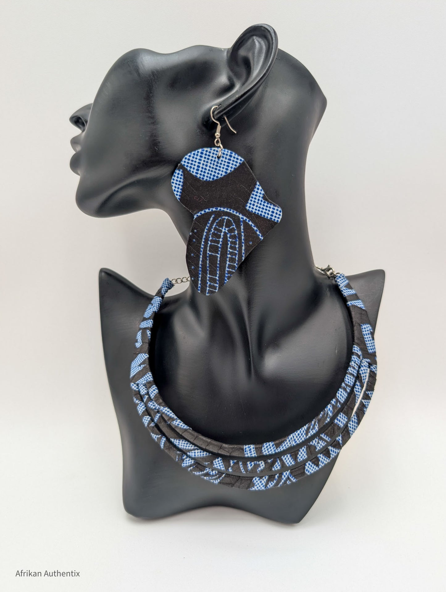 African Print Jewelry Set | Navy Blue Ndop Africa map earrings by Afrikan Authentix