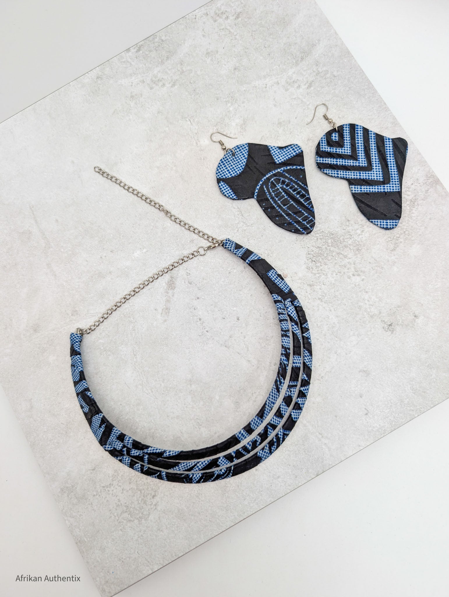 African Print Jewelry Set | Navy Blue Ndop Africa map earrings by Afrikan Authentix
