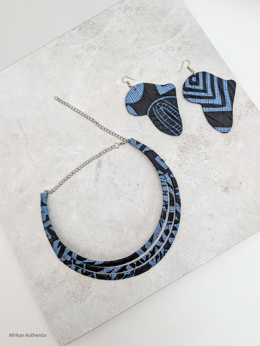 African Print Jewelry Set | Navy Blue Ndop Africa map earrings by Afrikan Authentix