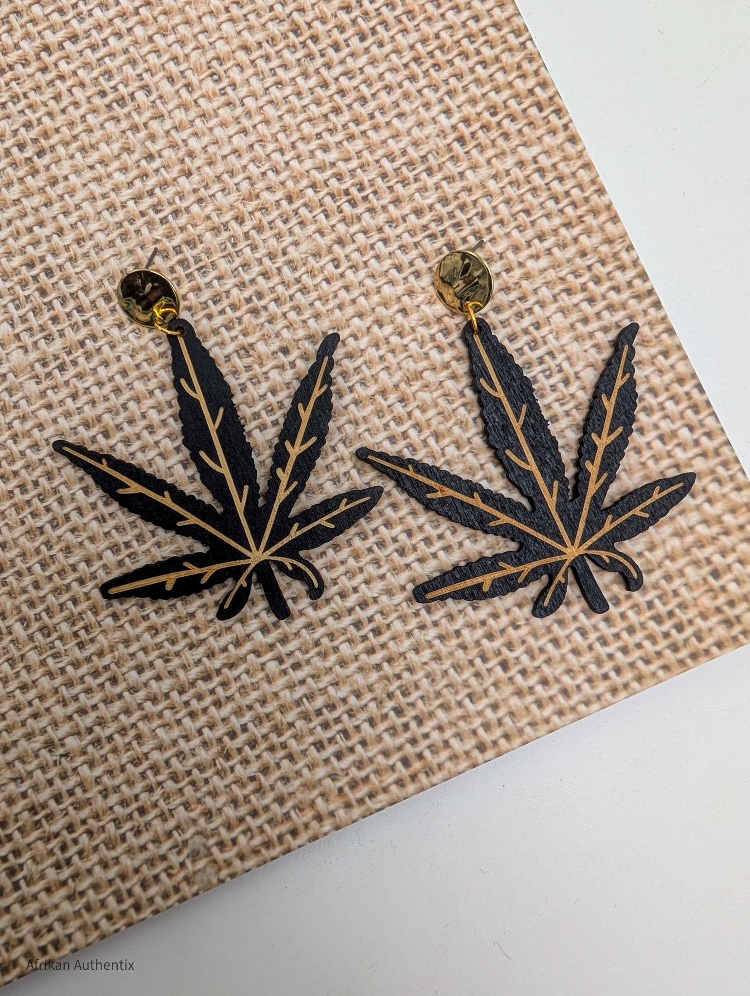 black Hemp leaf wooden earrings