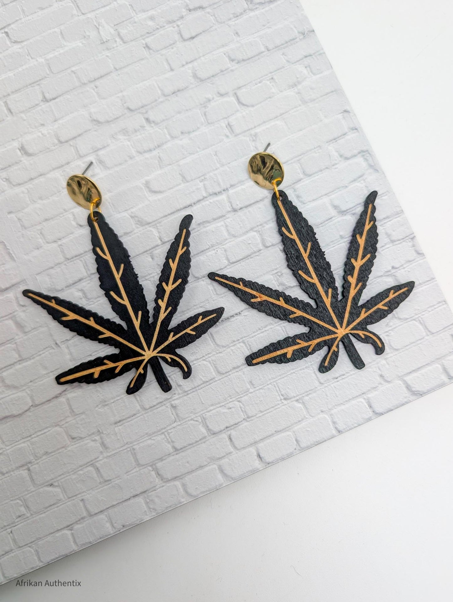 black Hemp leaf wooden earrings