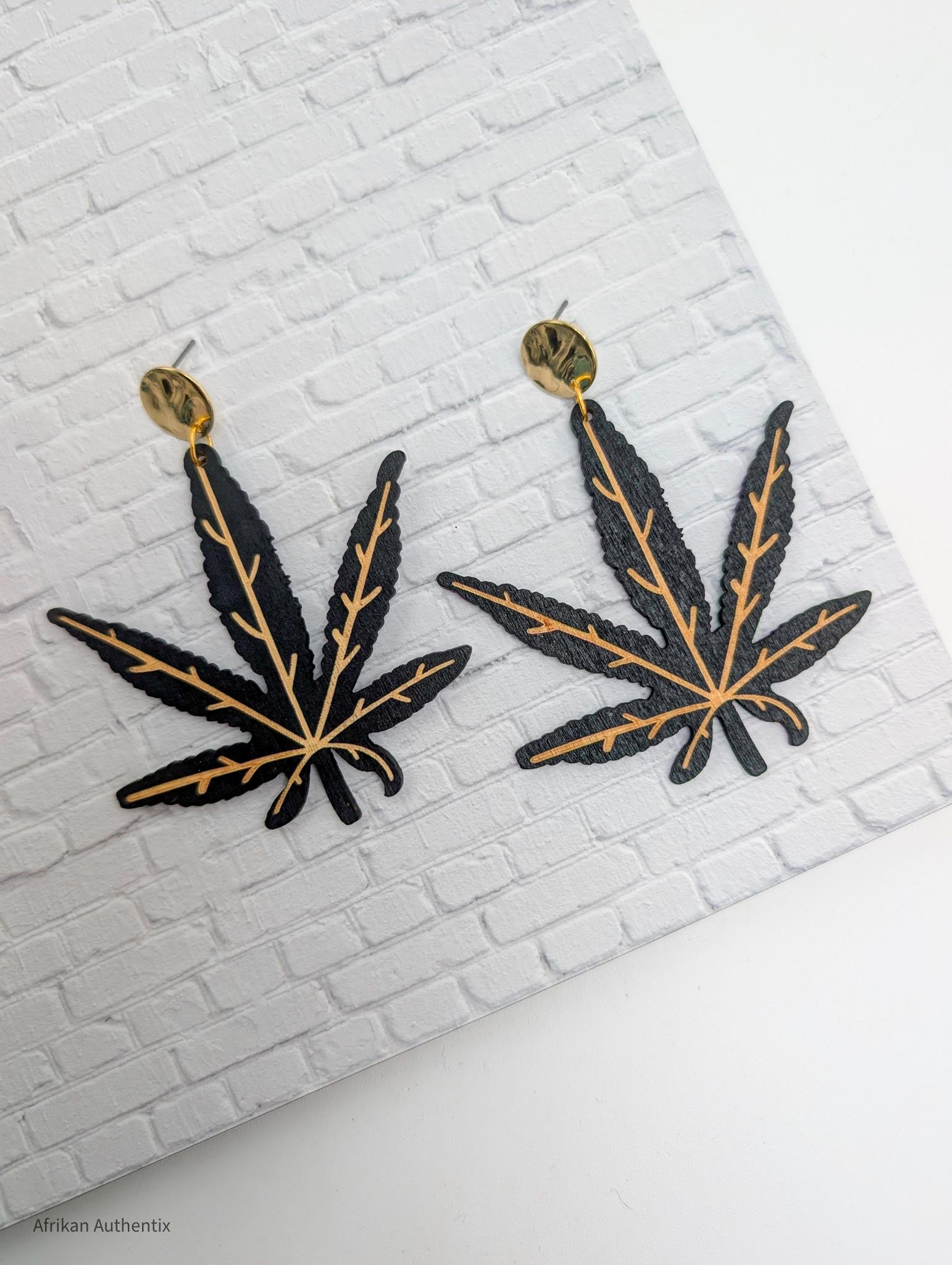 black Hemp leaf wooden earrings