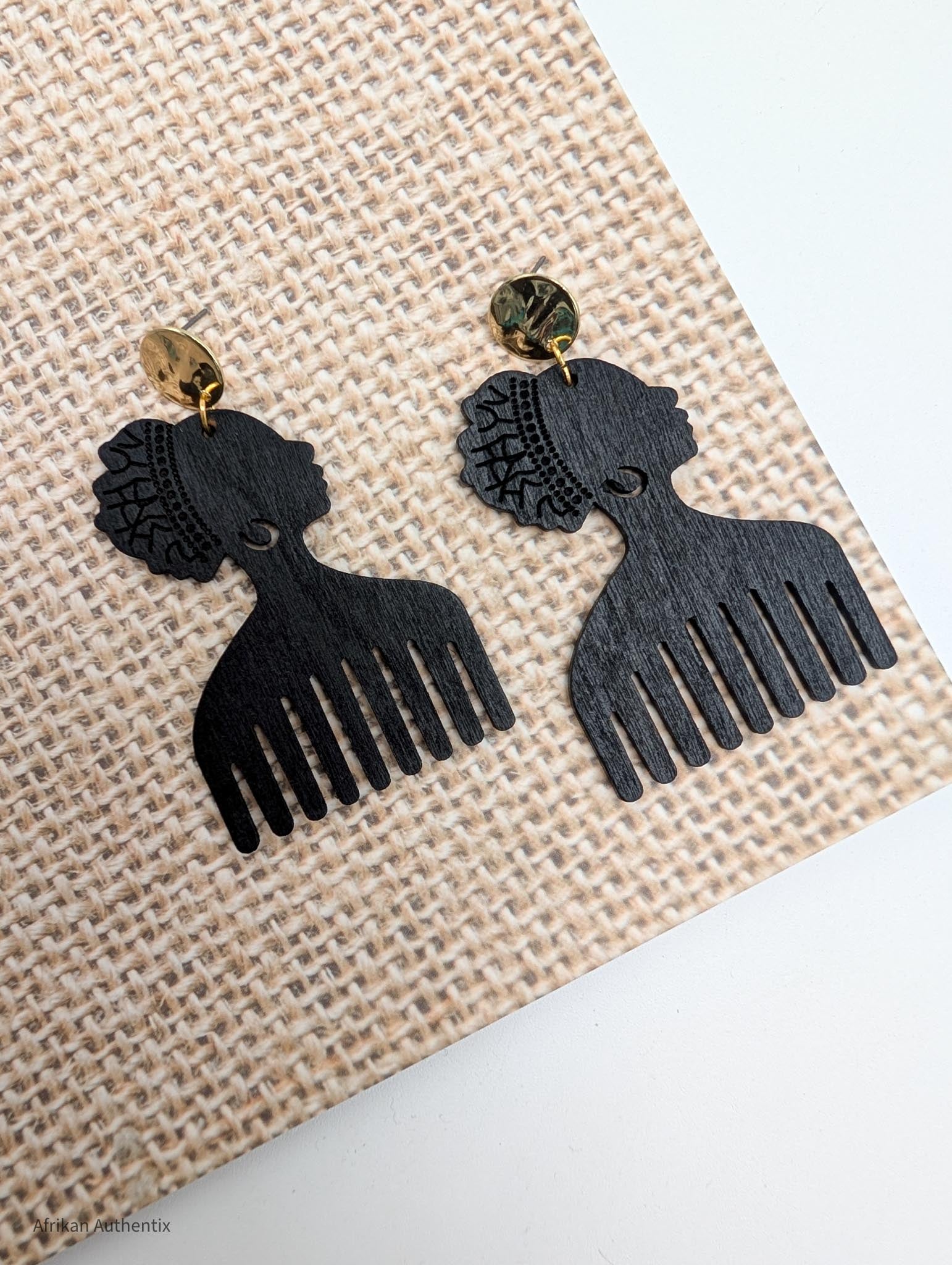 black afro comb wooden earrings