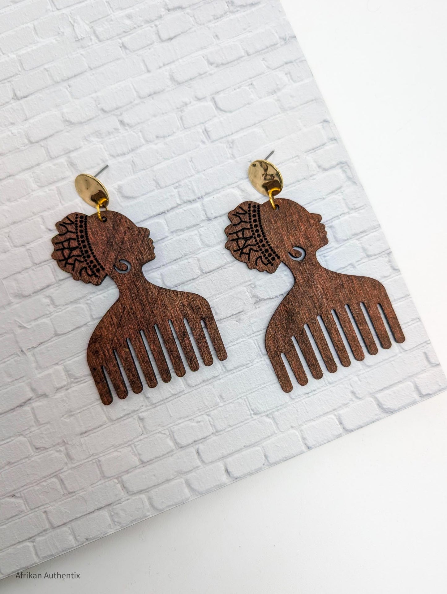 brown afro comb wooden earrings