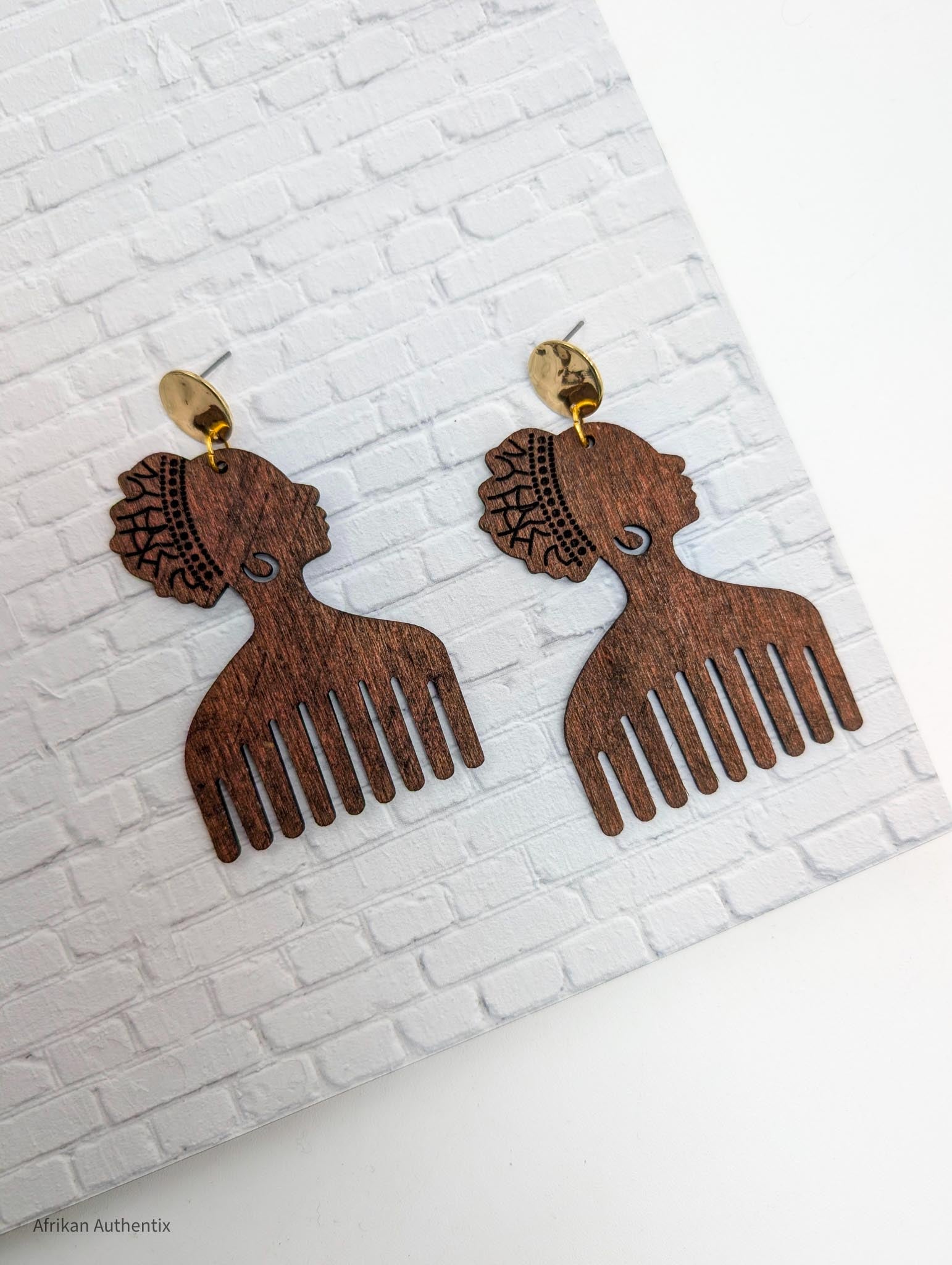 brown afro comb wooden earrings