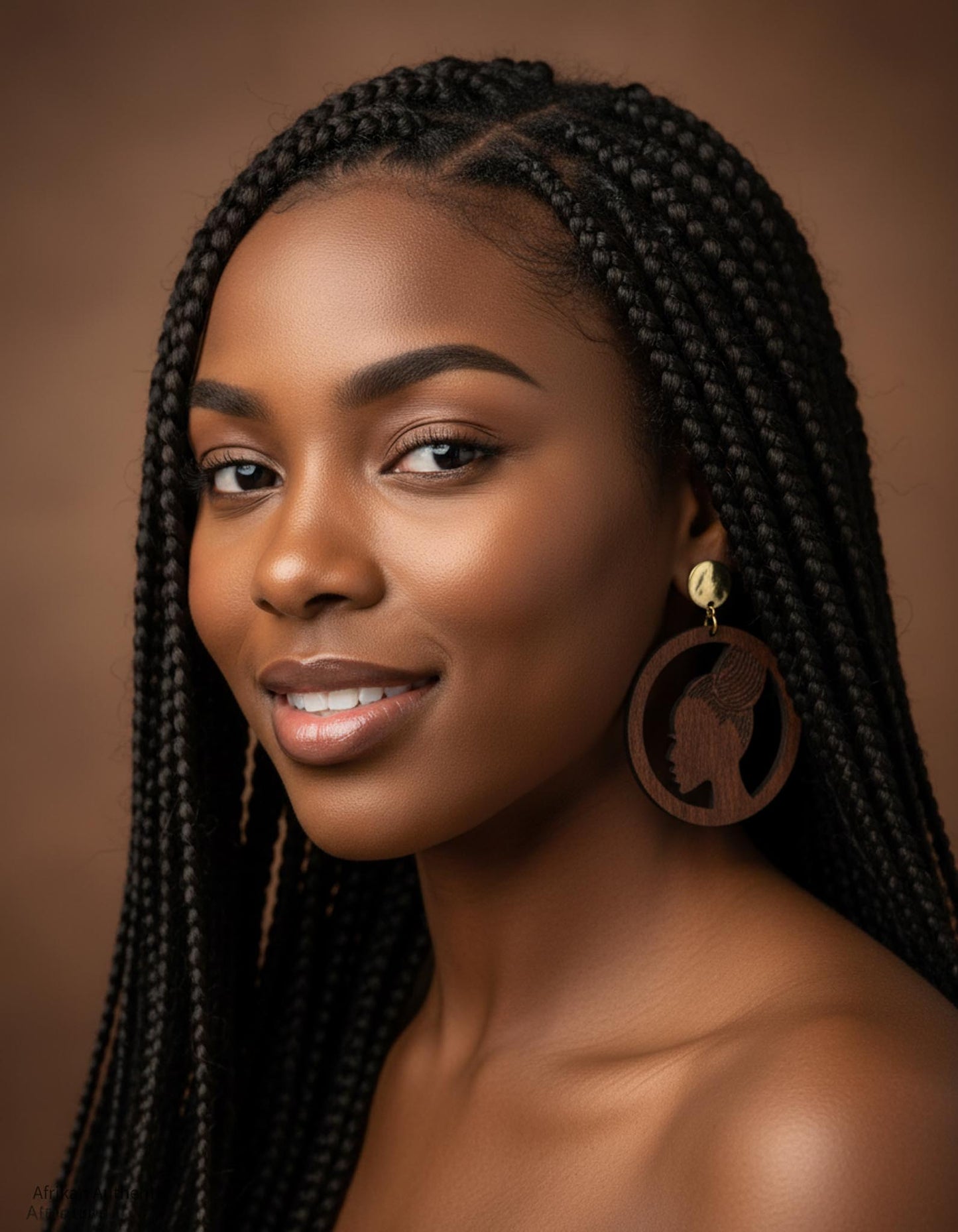 Woman with braided hair wearing large african woman silhouette earrings earrings against a brown background
