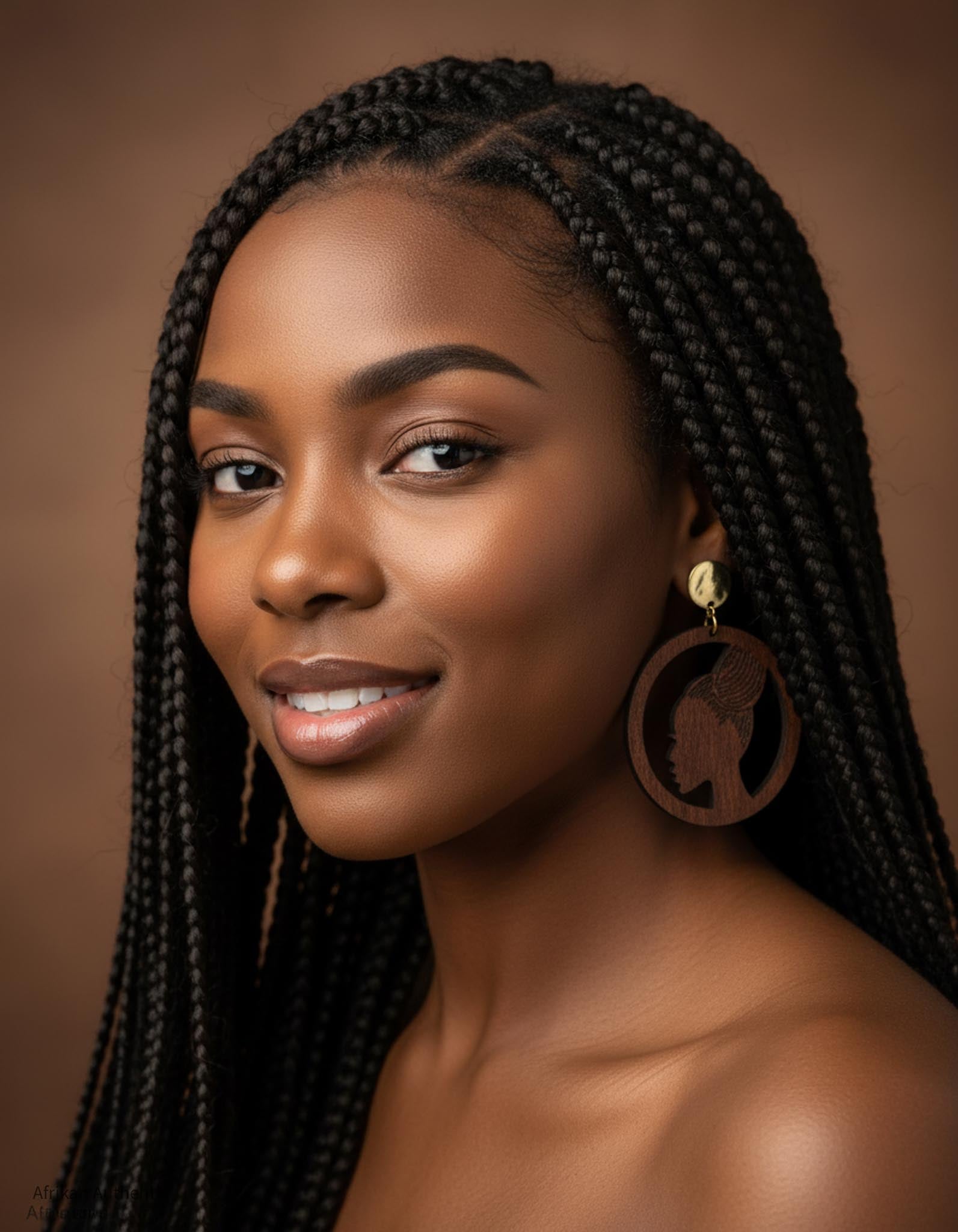 Woman with braided hair wearing large african woman silhouette earrings earrings against a brown background