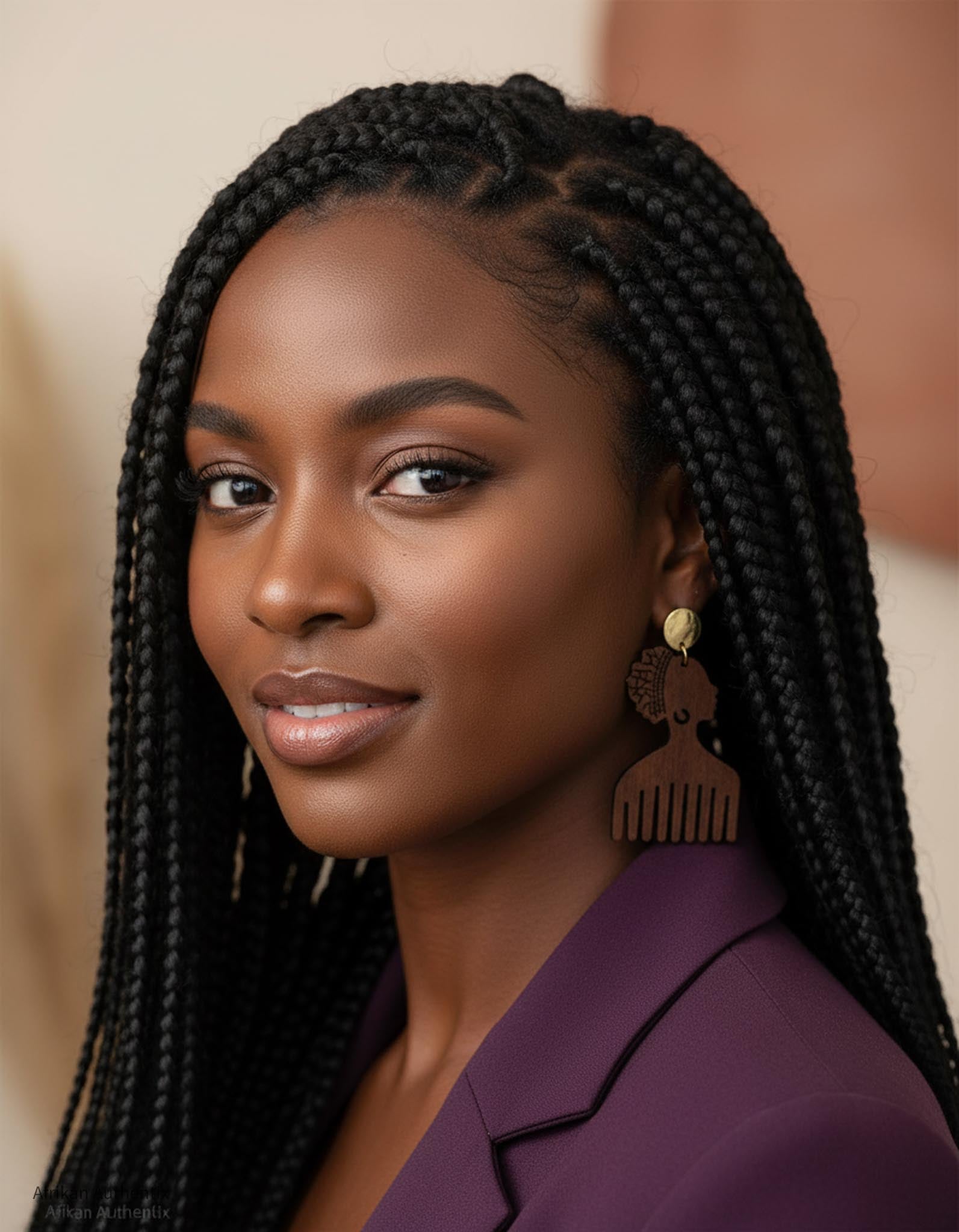 Woman with braided hair wearing a purple outfit and brown afro comb wooden earrings