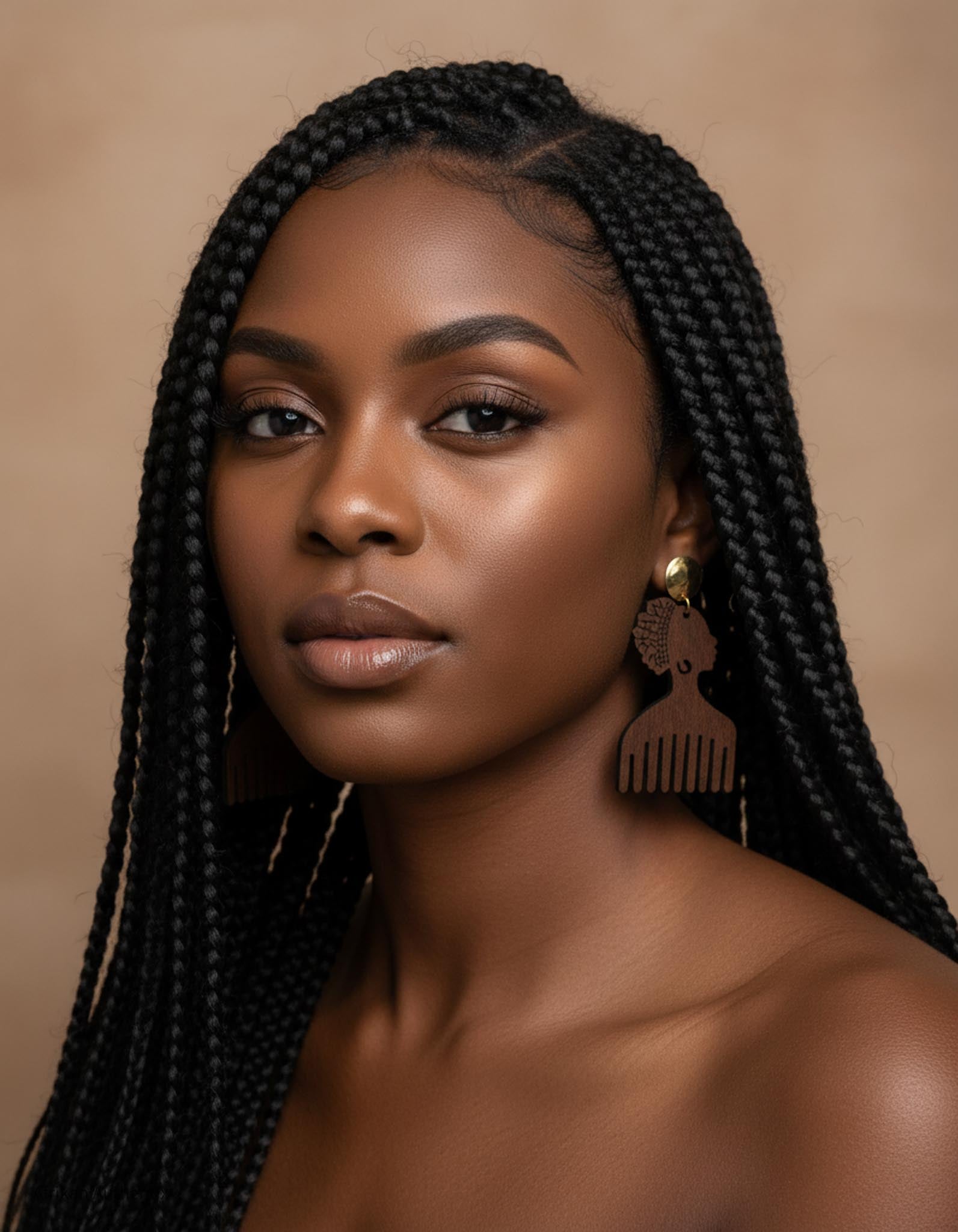 Woman with braided hair wearing brown afro comb wooden earrings