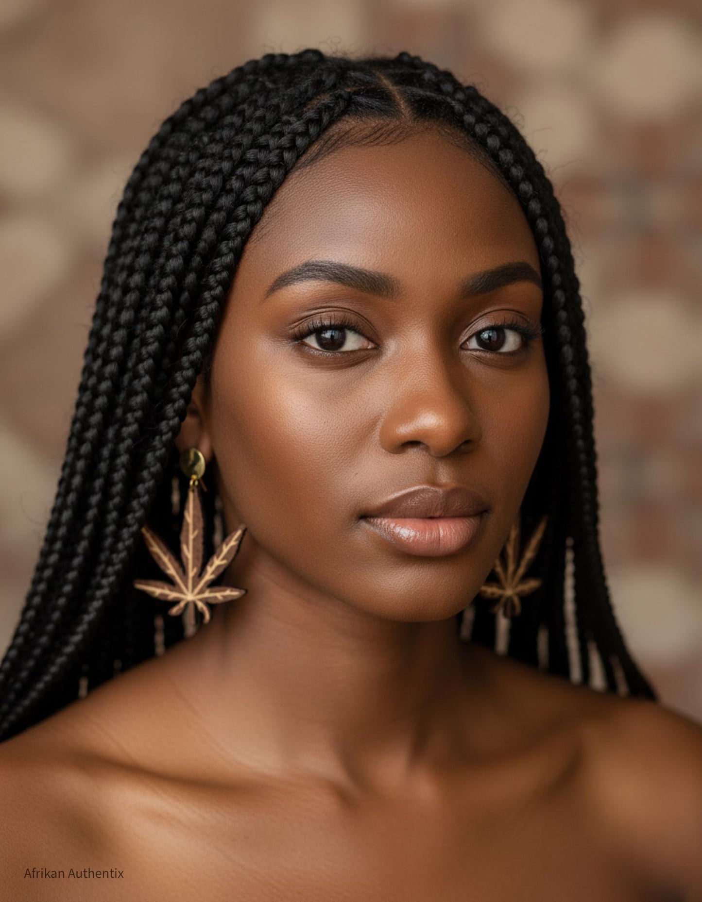 Woman with braided hair wearing large earrings Hemp leaf wooden earrings