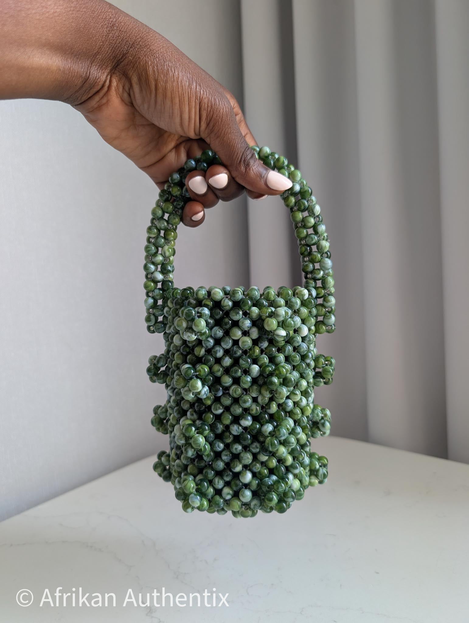 Green mini beaded bucket bag