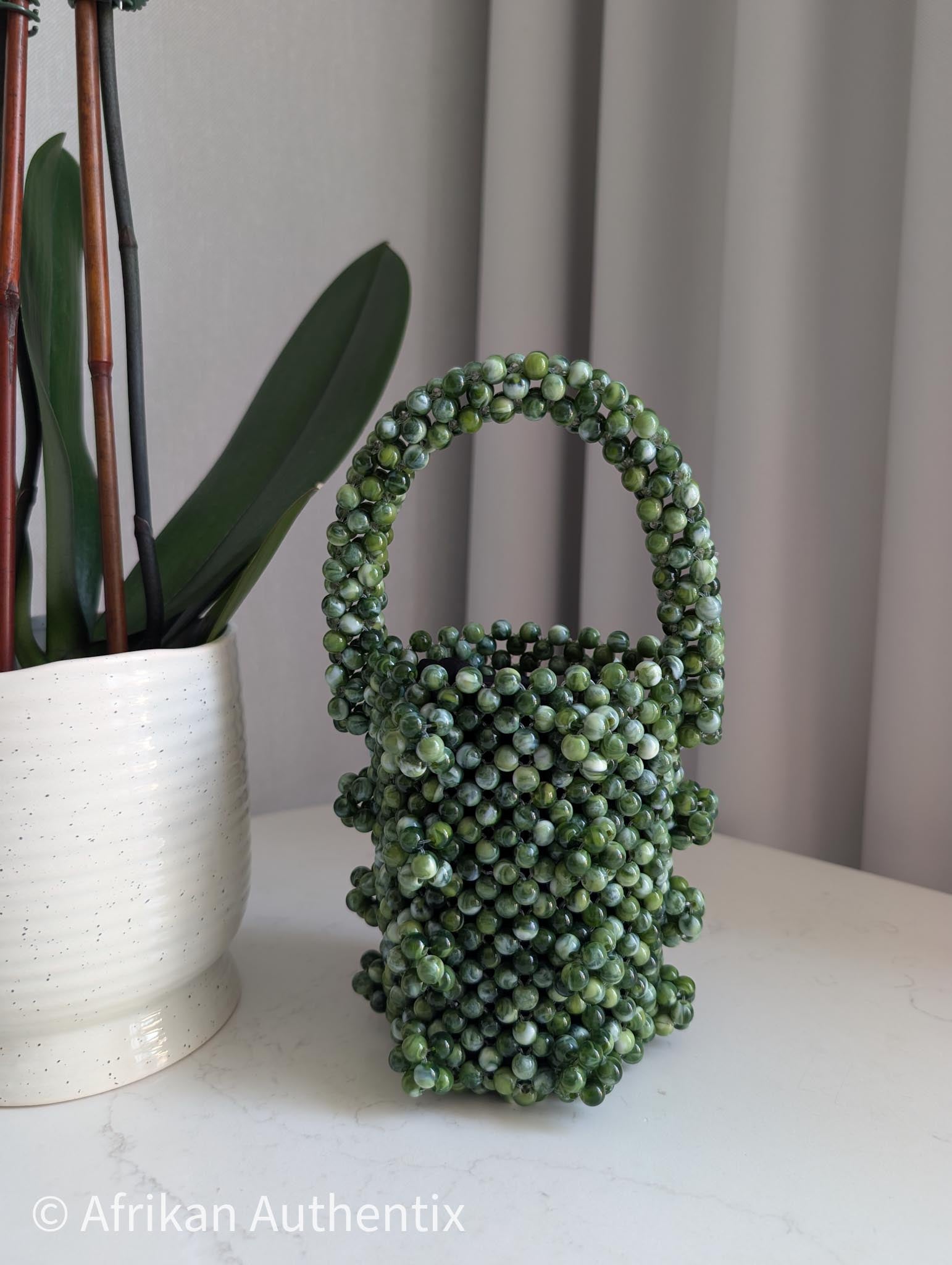 Green mini beaded bucket bag
