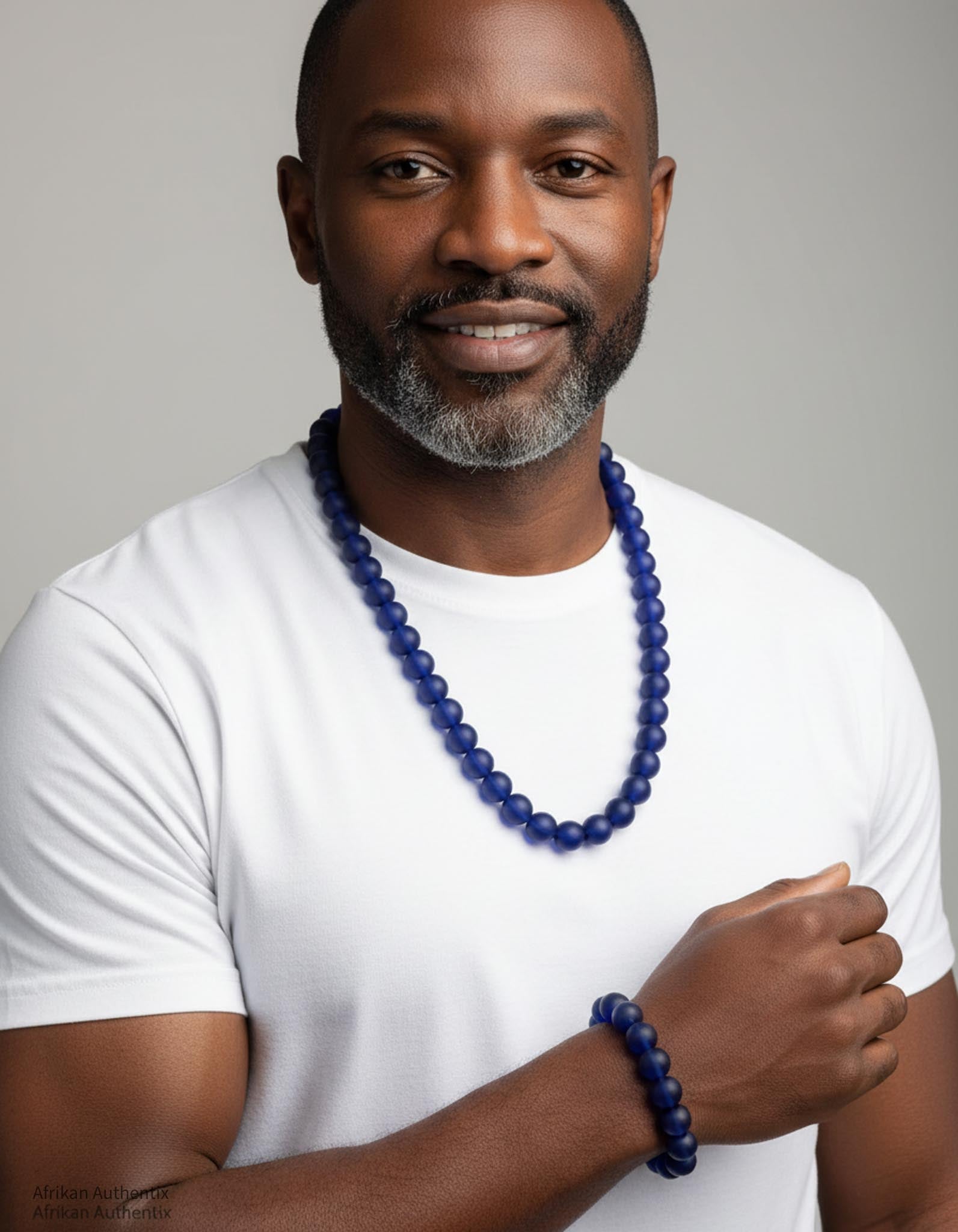  Blue african men's necklace and bracelet set