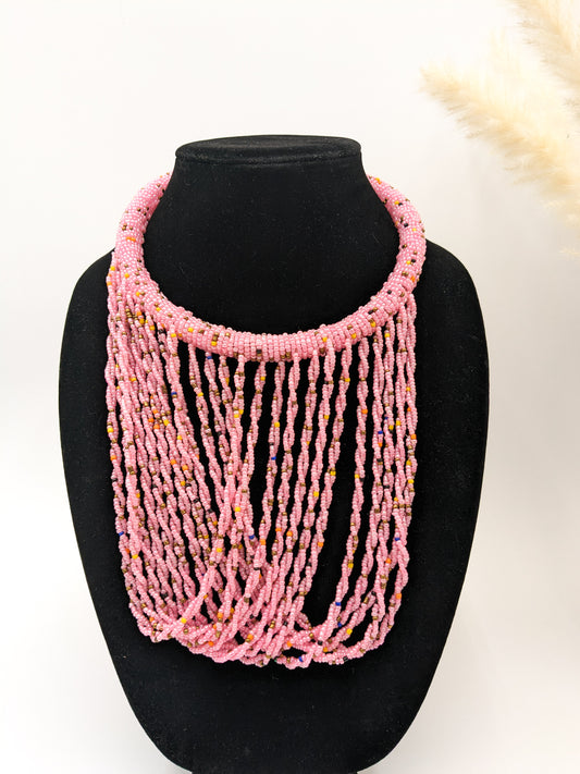 Pink African beaded Bib Necklace