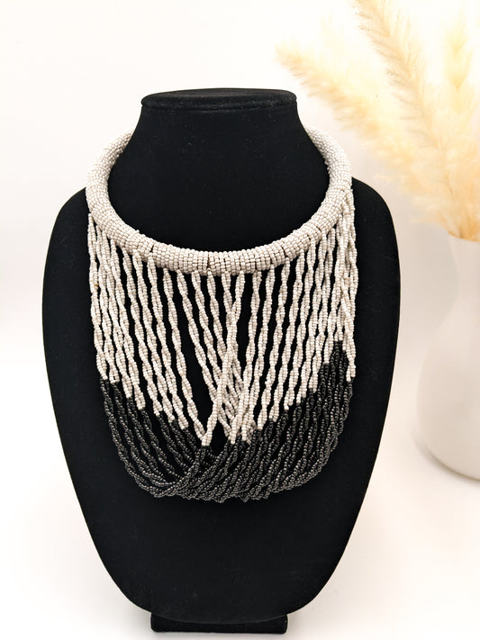 Black and white African Beaded Bib Necklace