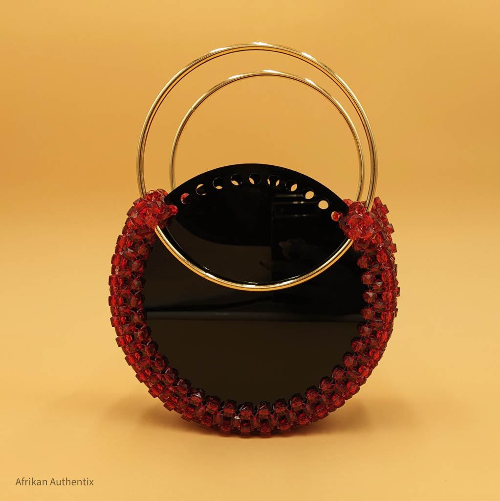 Black and Red Beaded Bag with Gold Handle| Nia