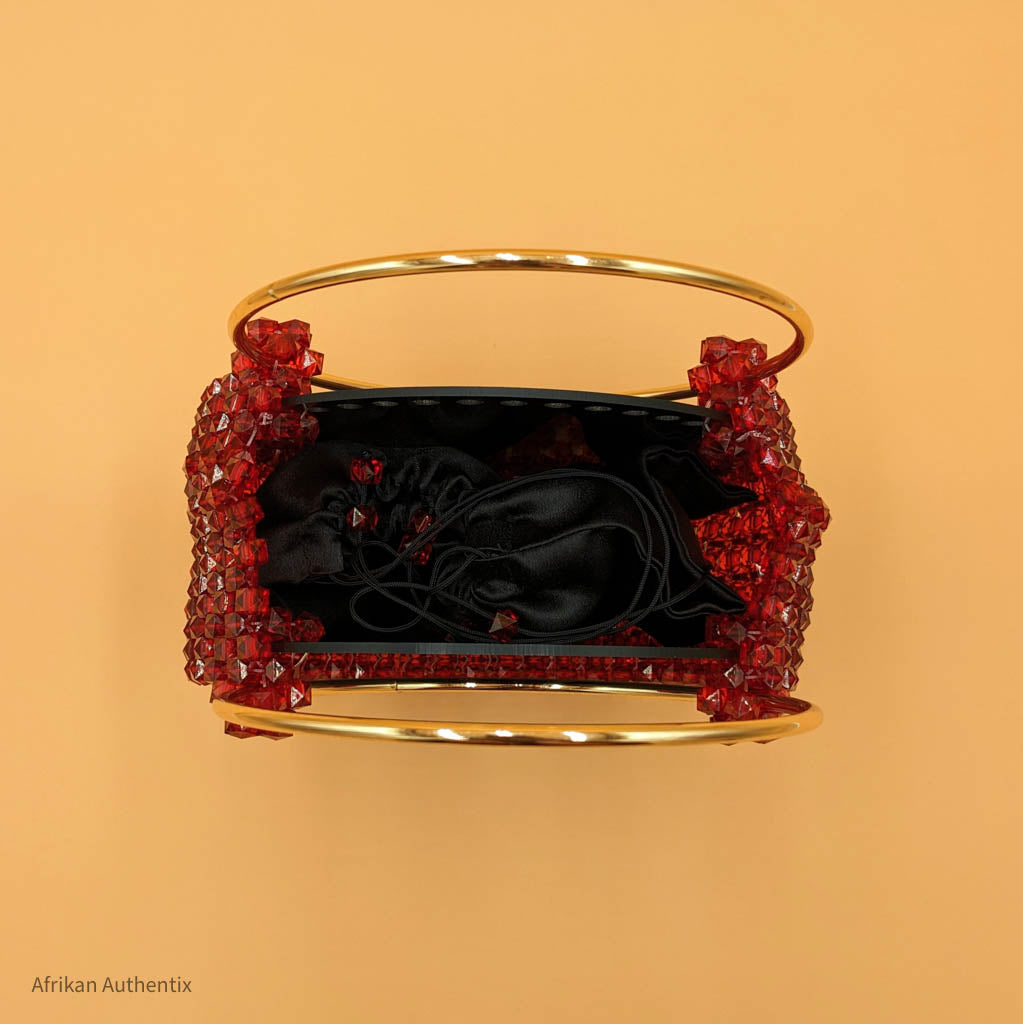 Black and Red Beaded Bag with Gold Handle| Nia