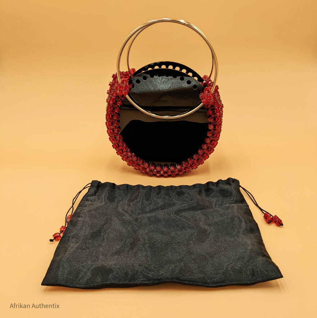 Black and Red Beaded Bag with Gold Handle| Nia