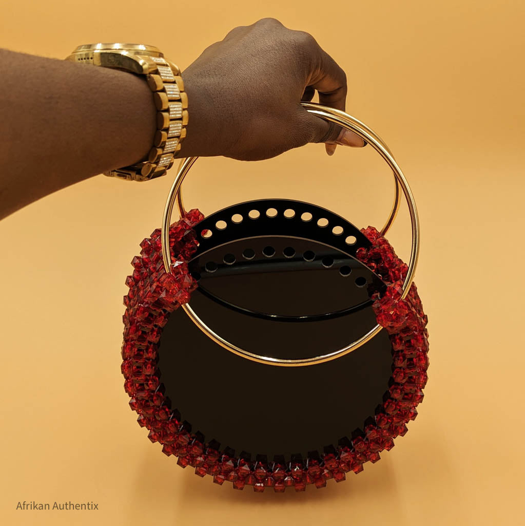 Black and Red Beaded Bag with Gold Handle| Nia