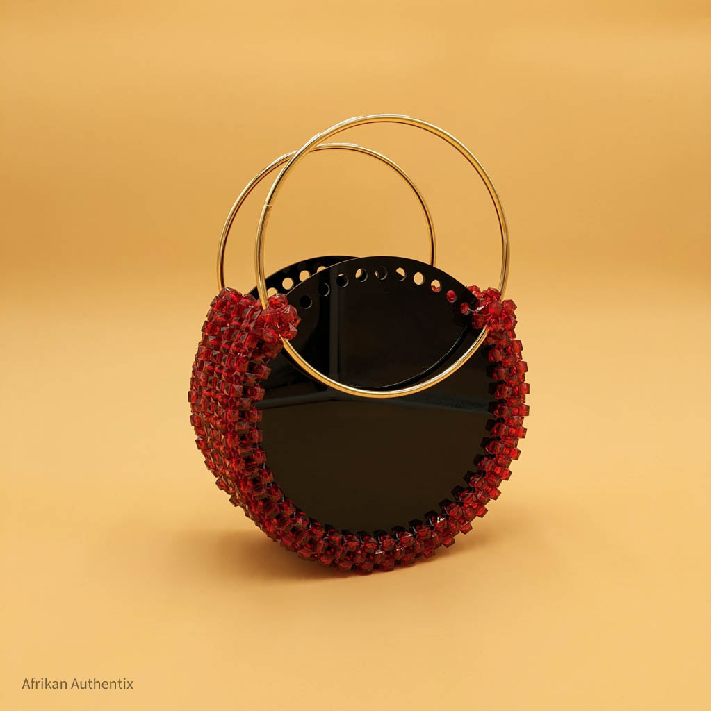 Black and Red Beaded Bag with Gold Handle| Nia