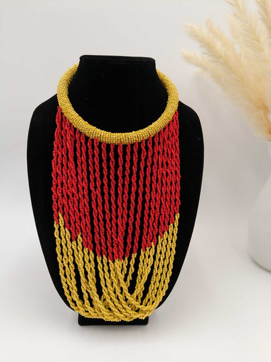 Yellow and Red African Beaded Bib Necklace