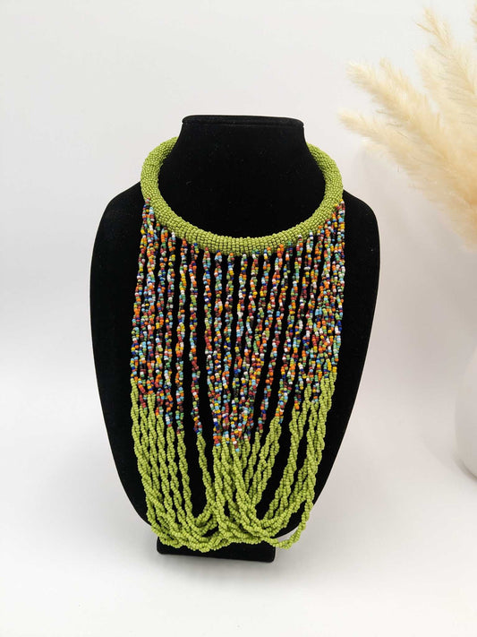 Green African Beaded Bib Necklace