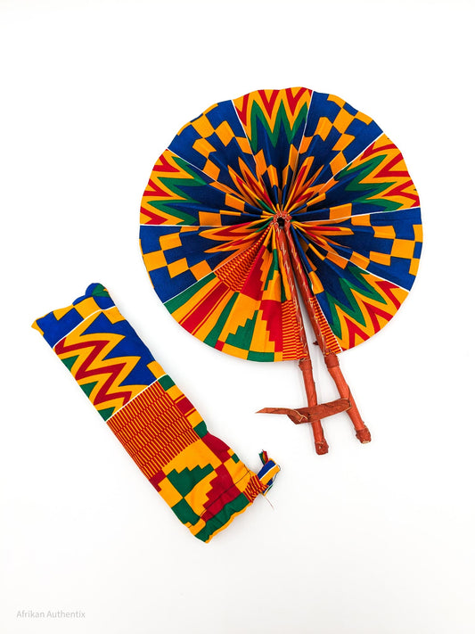Traditional African folding fan and matching fabric pouch with vibrant Kente cloth pattern