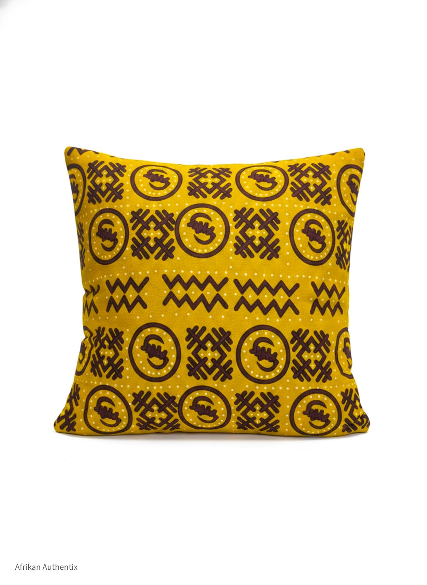 Handmade yellow African print pillow cover with Adinkra symbols