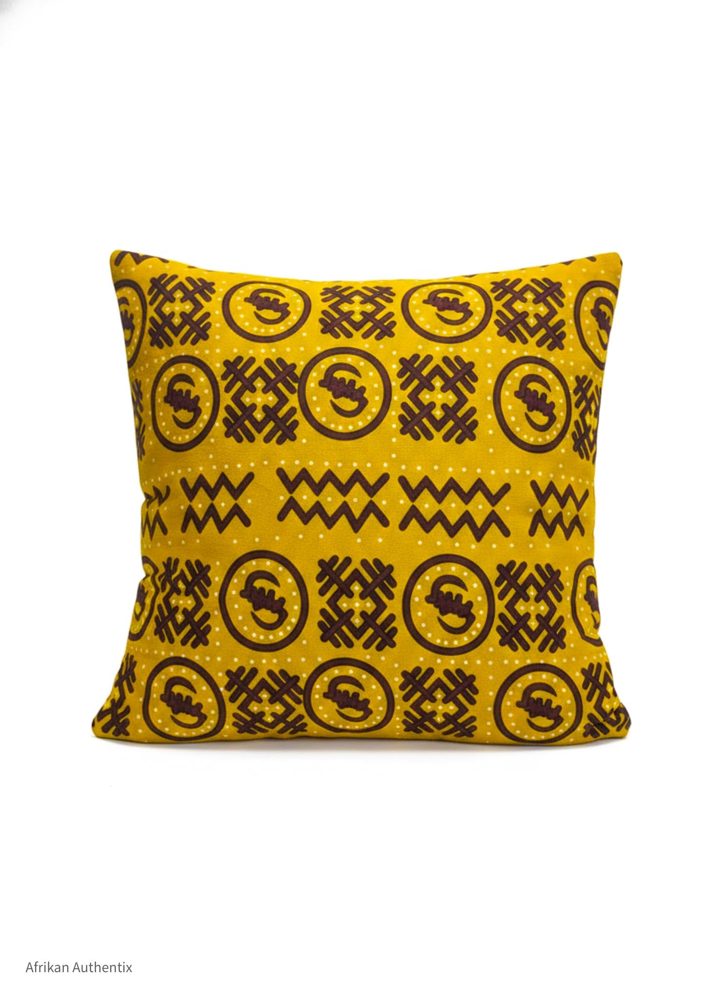 Handmade yellow African print pillow cover with Adinkra symbols