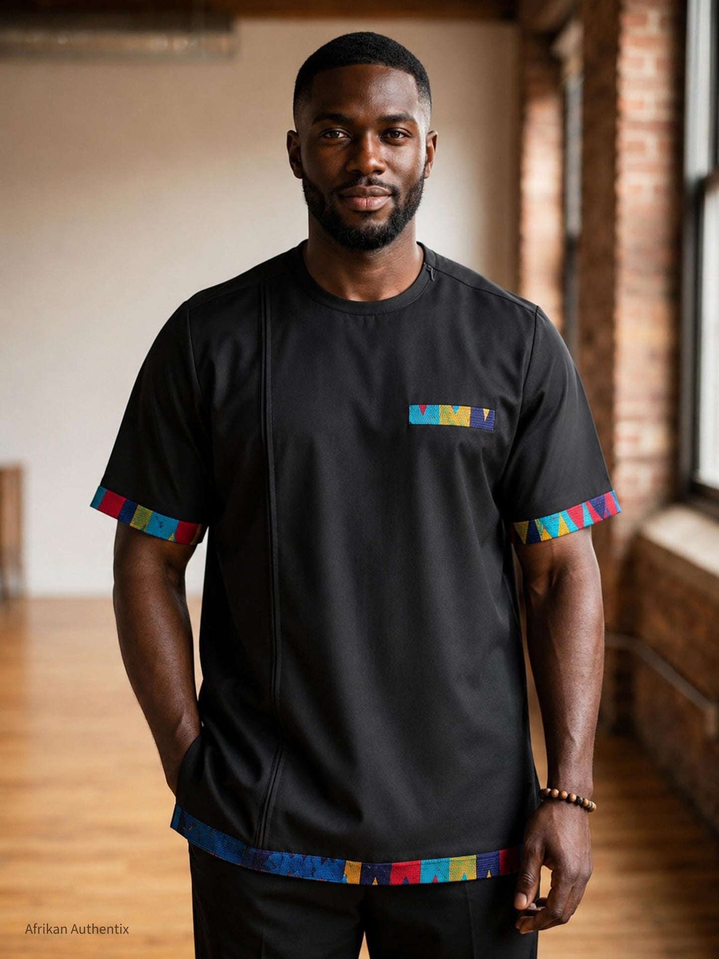 Black African men’s shirt handmade in Ghana with handwoven Kente trim
