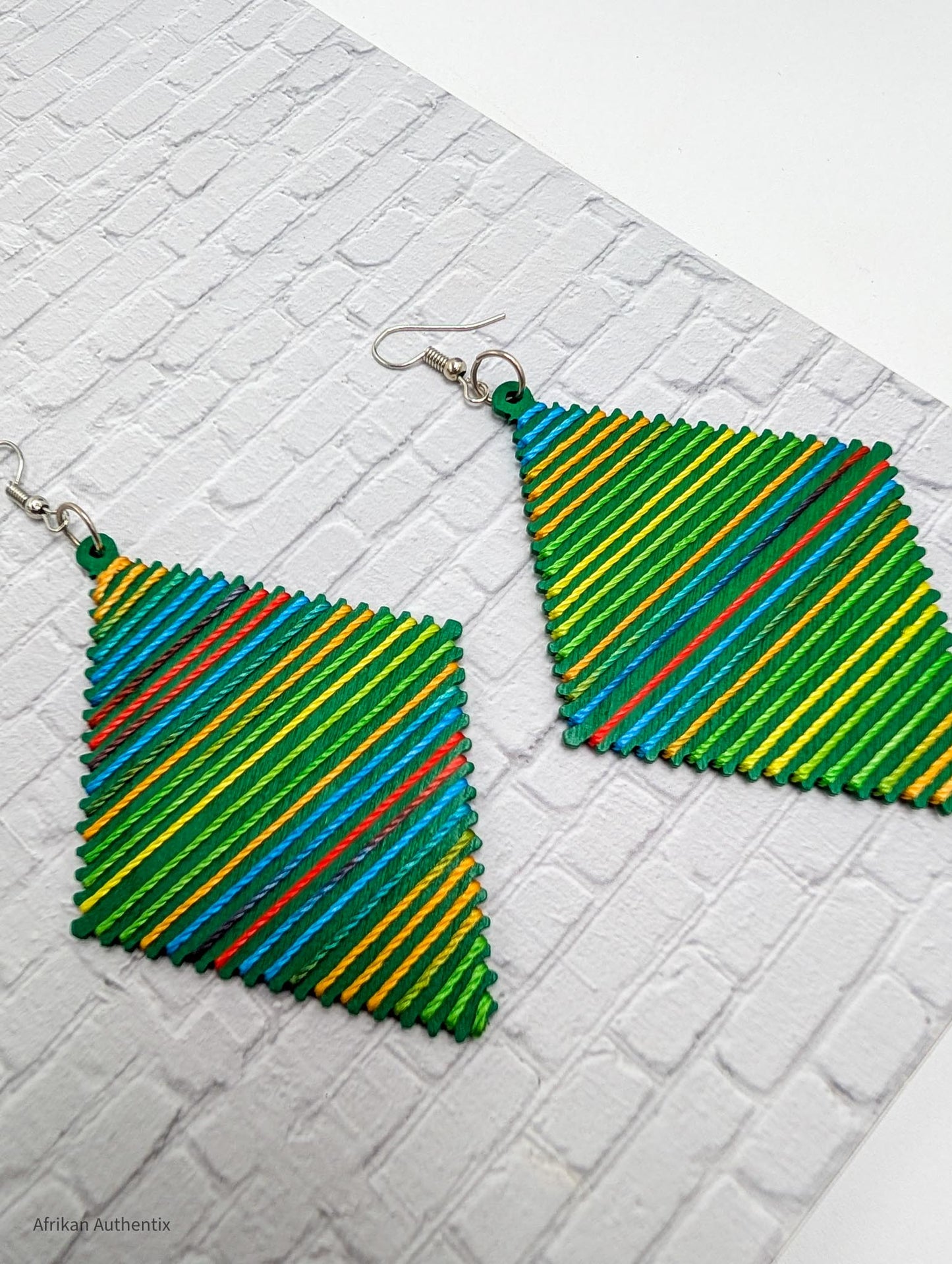 Green wooden earrings diamond shape