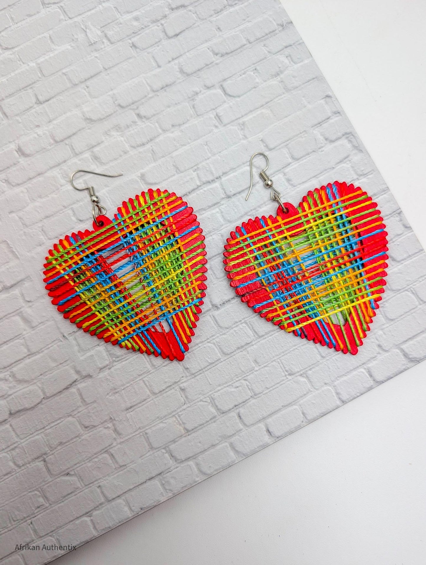 red heart shape wooden earrings