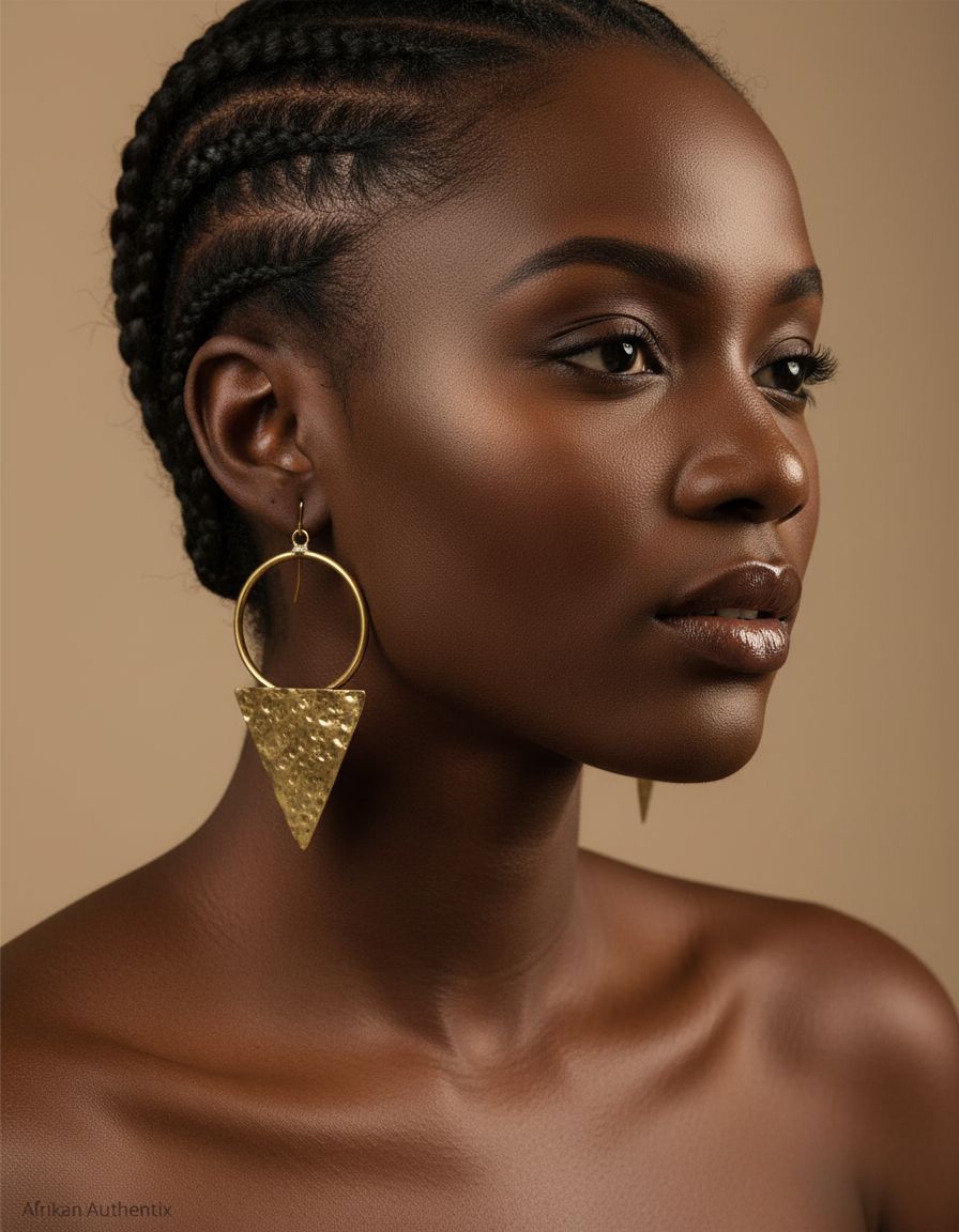 Woman wearing large hammered brass triangle drop earrings – Afrikan Authentix handcrafted jewelry.