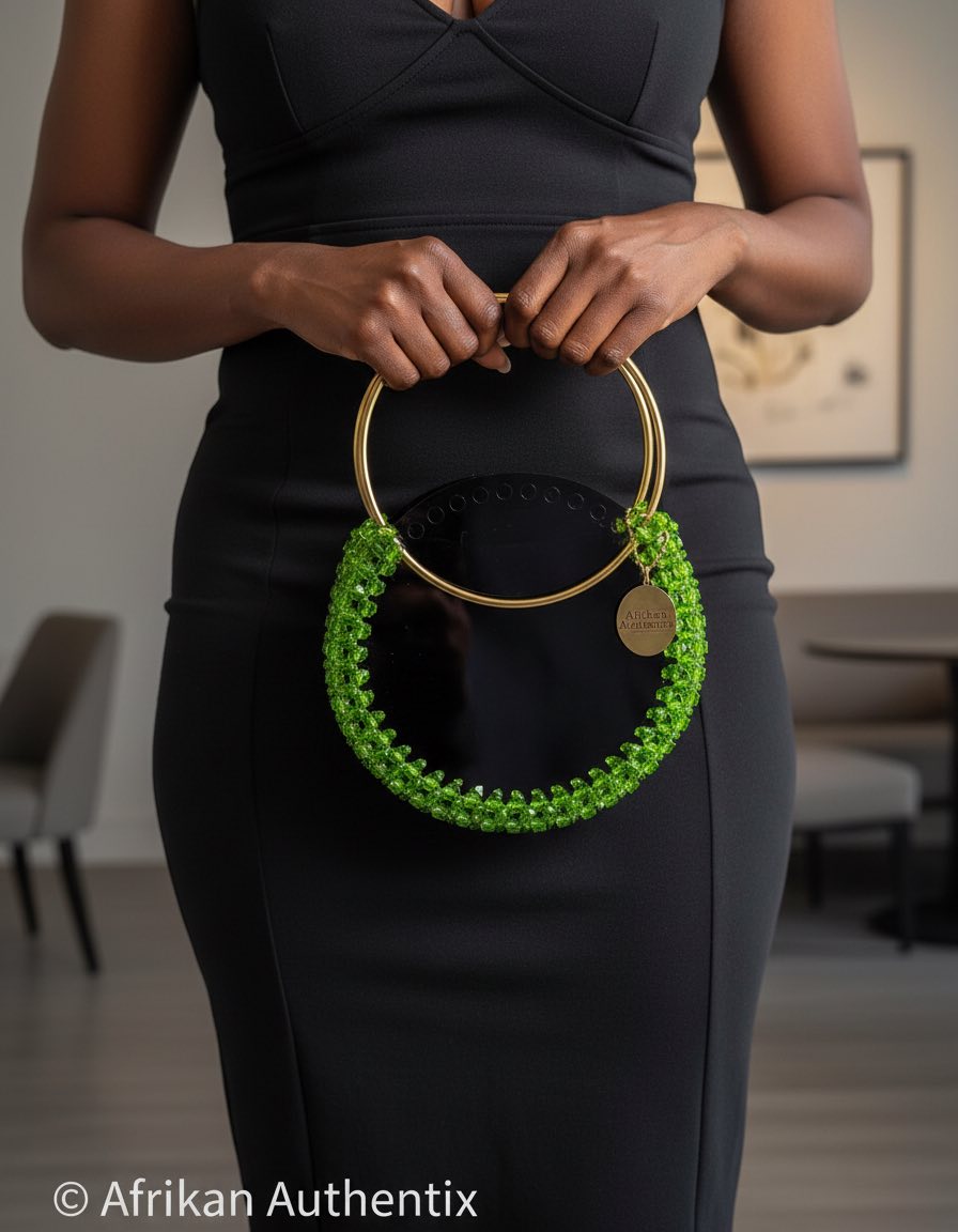 Green beaded round handbag with gold ring handle handmade in Ghana by Afrikan Authentix