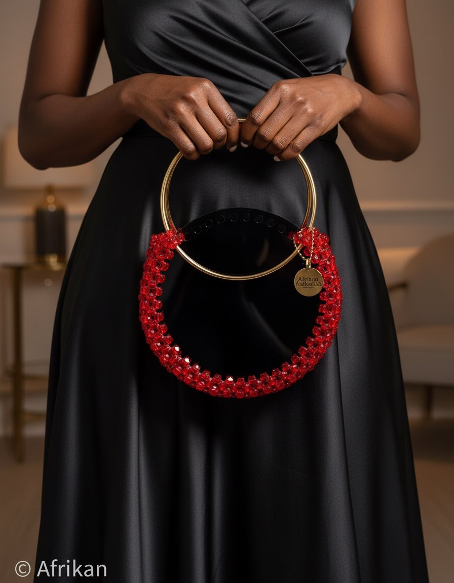 Red beaded handbag with golden handle from Ghana by Afrikan Authentix