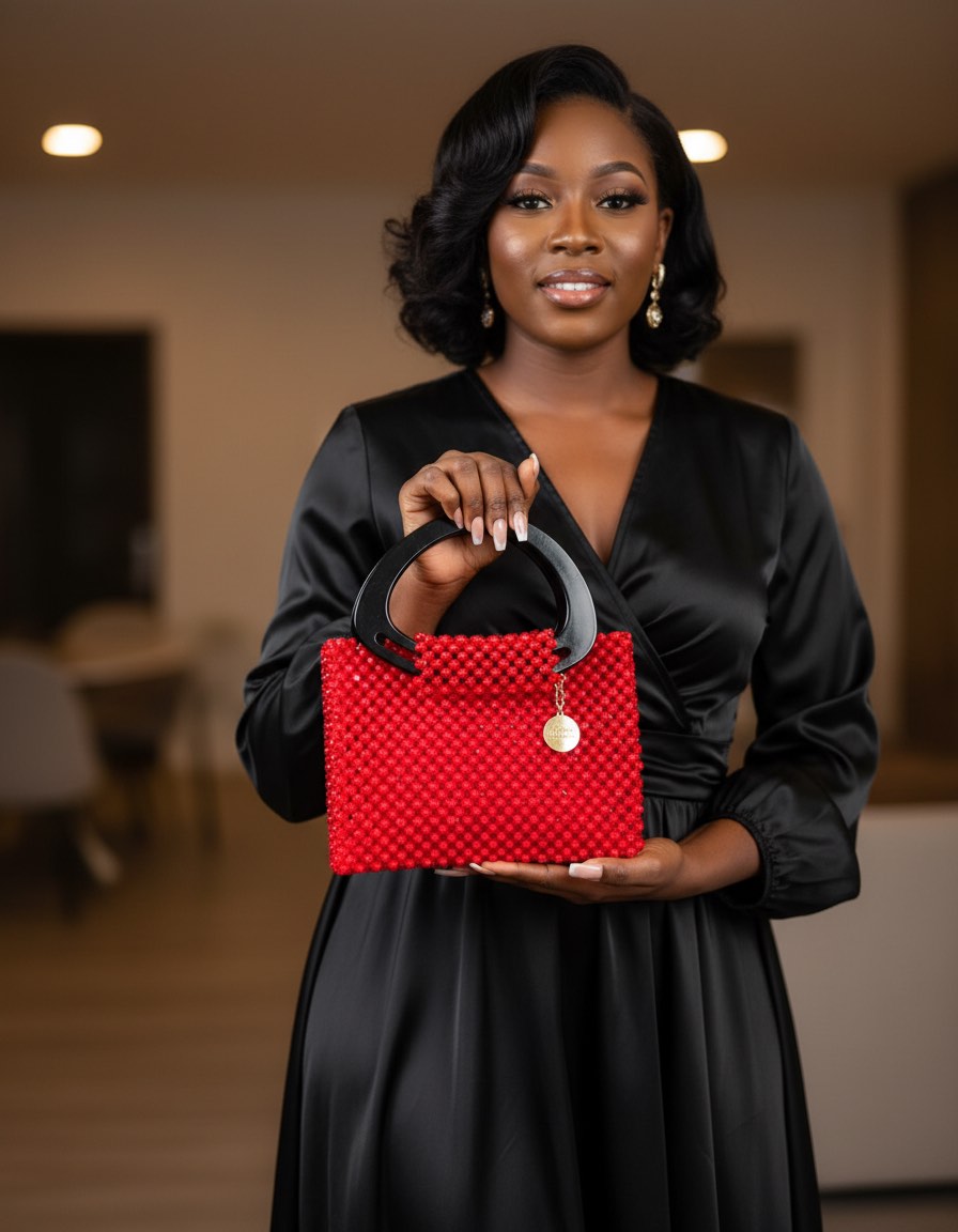 Red beaded square handbag with black wooden handle handmade in Ghana by Afrikan Authentix