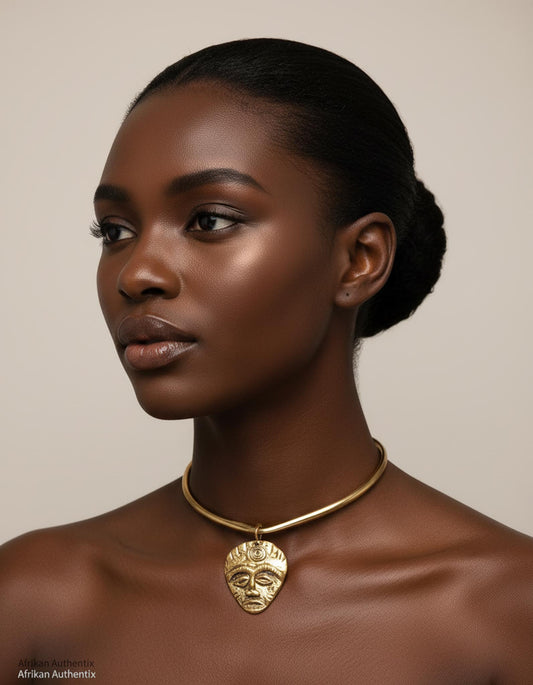 Woman wearing a gold collar necklace with an African mask pendant on a beige background