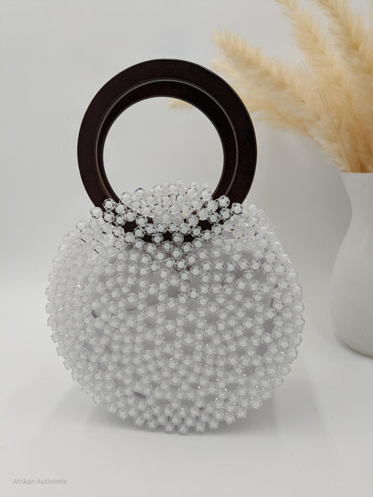 White Beaded Bag with wooden handle | Alfayed